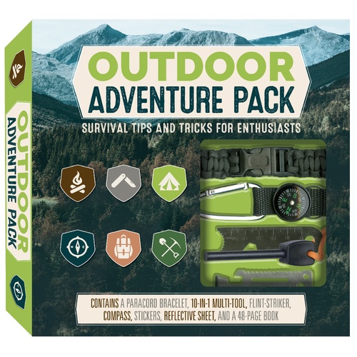 Outdoor Adventure Pack: Survival Tips and Tricks for Enthusiasts - Contains a Paracord Bracelet, 10-in-1 Multi-tool, Flint-striker, Compass, Stickers,